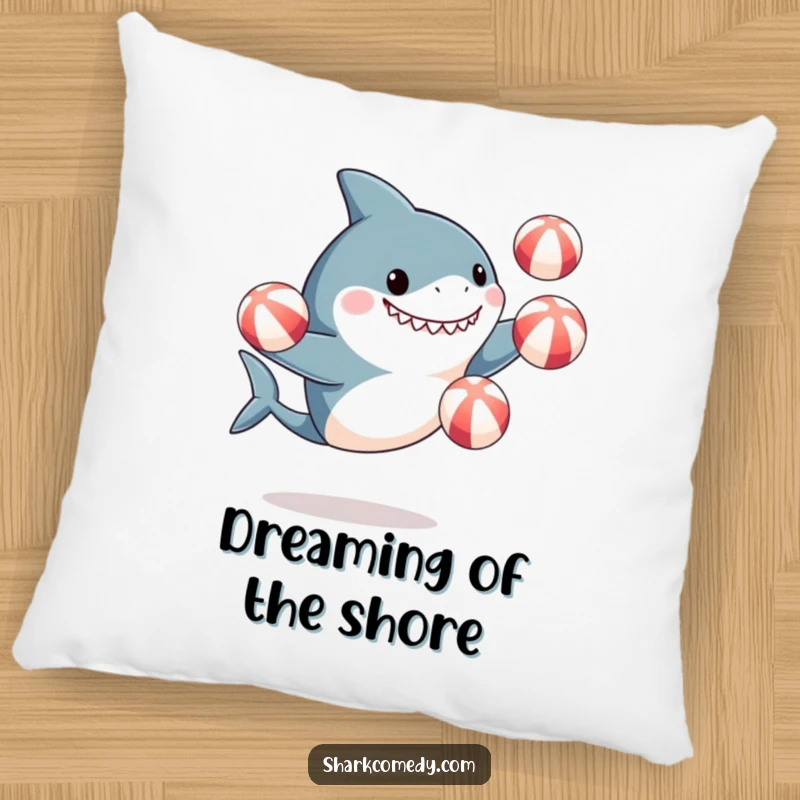 Funny pillow design with a cute, excited shark juggling beach balls, adding a touch of whimsical humor and comfort to any room.