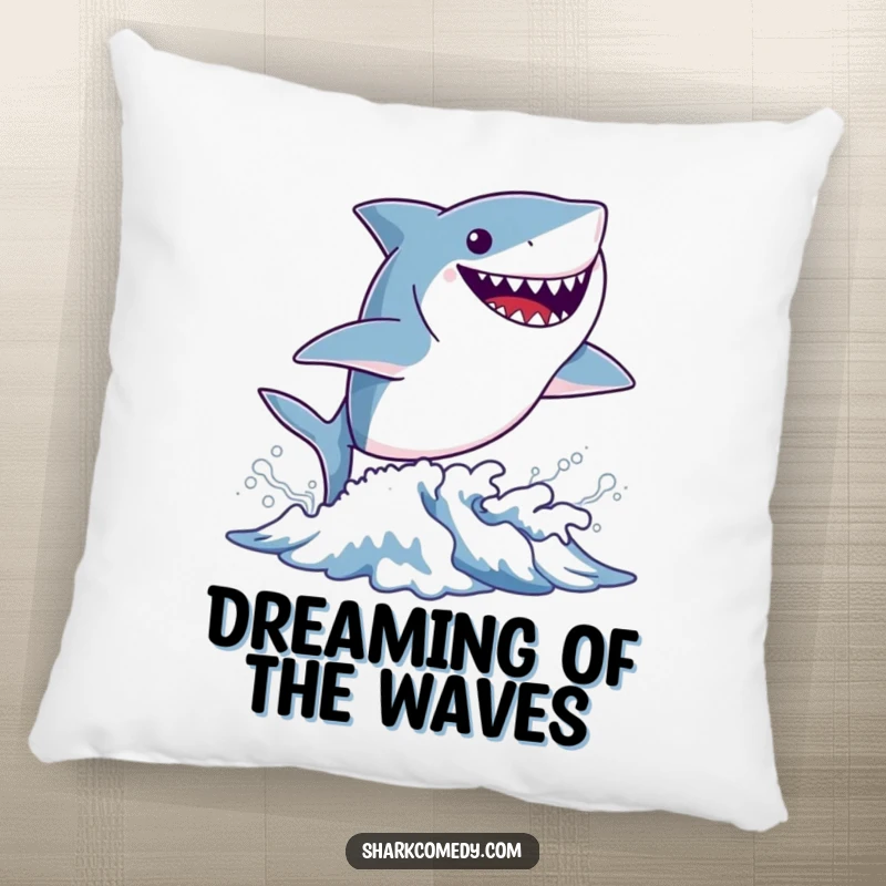 Funny tiny shark pillow featuring a small shark leaping from a wave with a wide, joyful grin, offering comfort and charming ocean vibes.
