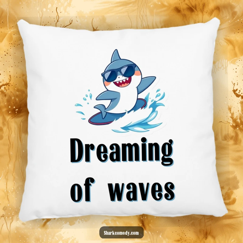 Funny tiny shark wearing sunglasses, joyfully surfing a blue wave, making this soft pillow a cool and humorous accent.