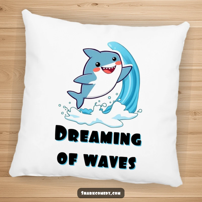 Funny pillow featuring a kawaii shark character joyfully leaping from a blue wave, providing comfort and a touch of playful charm.