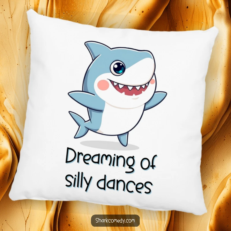 Funny pillow illustration of a shark with oversized googly eyes enthusiastically performing a silly, wiggly dance, offering comfort and humor.