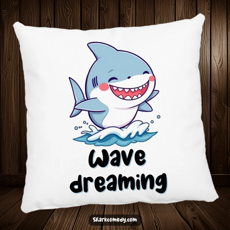 Funny kawaii shark with a silly grin riding a small wave on a soft pillow, perfect for a humorous touch.