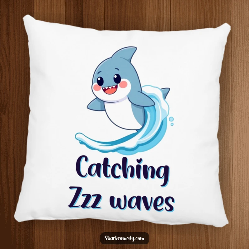 Funny Kawaii Shark Pillow: A soft cushion depicting a shark happily riding a wave, for coastal comfort.