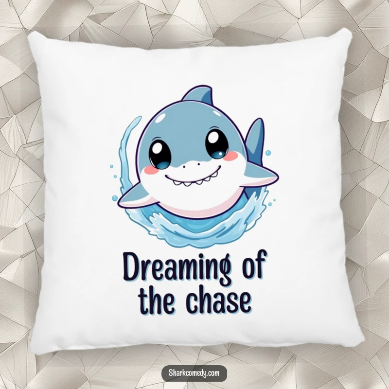 Funny shark pillow depicting a cute character with wide eyes, swimming rapidly and splashing water, offering comfort and a touch of ocean humor.