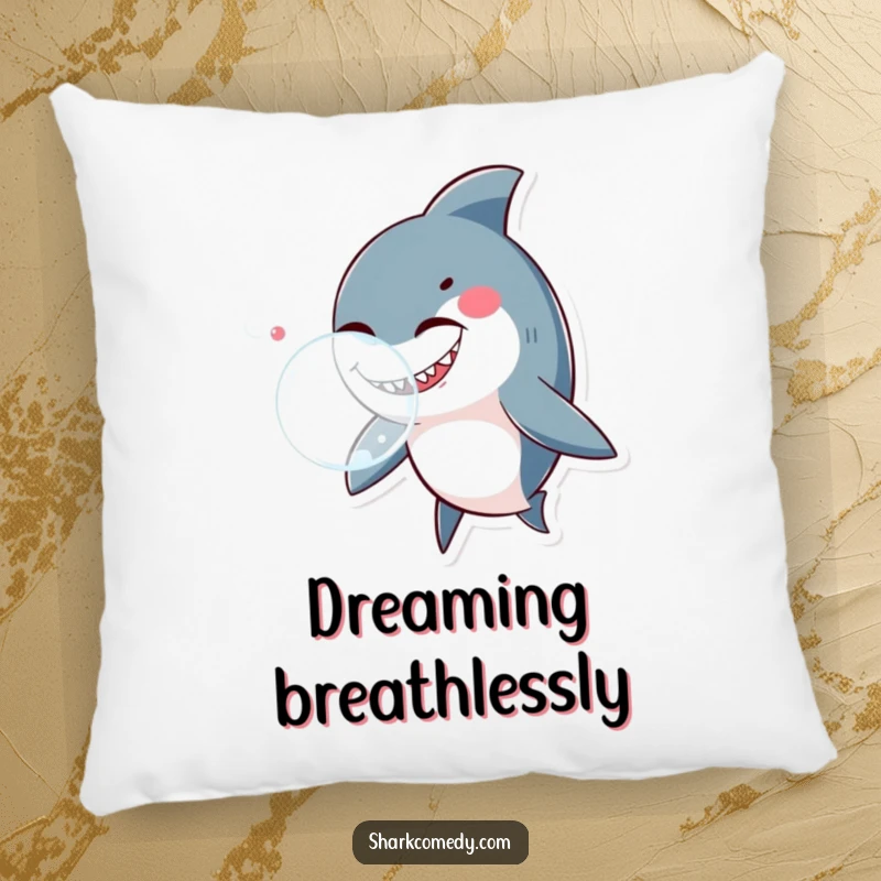 Funny shark winking and blowing a bubble, depicted on a plush pillow, adding a humorous touch to home decor.