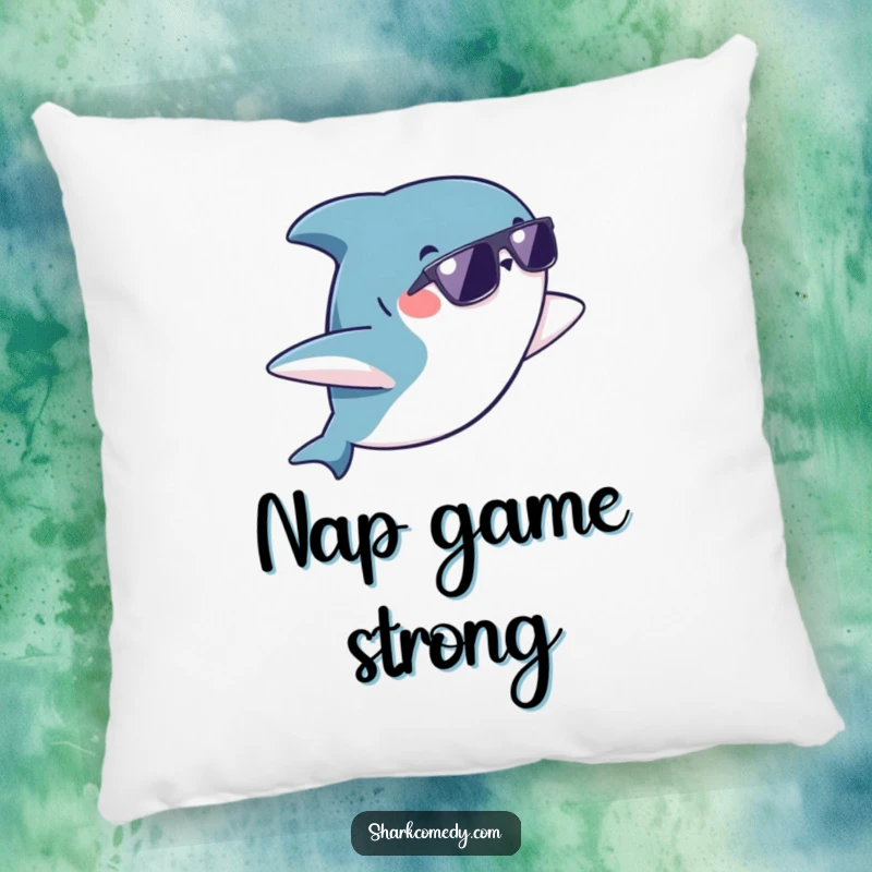 Funny kawaii shark wearing sunglasses doing a playful flip on a pillow, offering cozy comfort and a touch of humor.