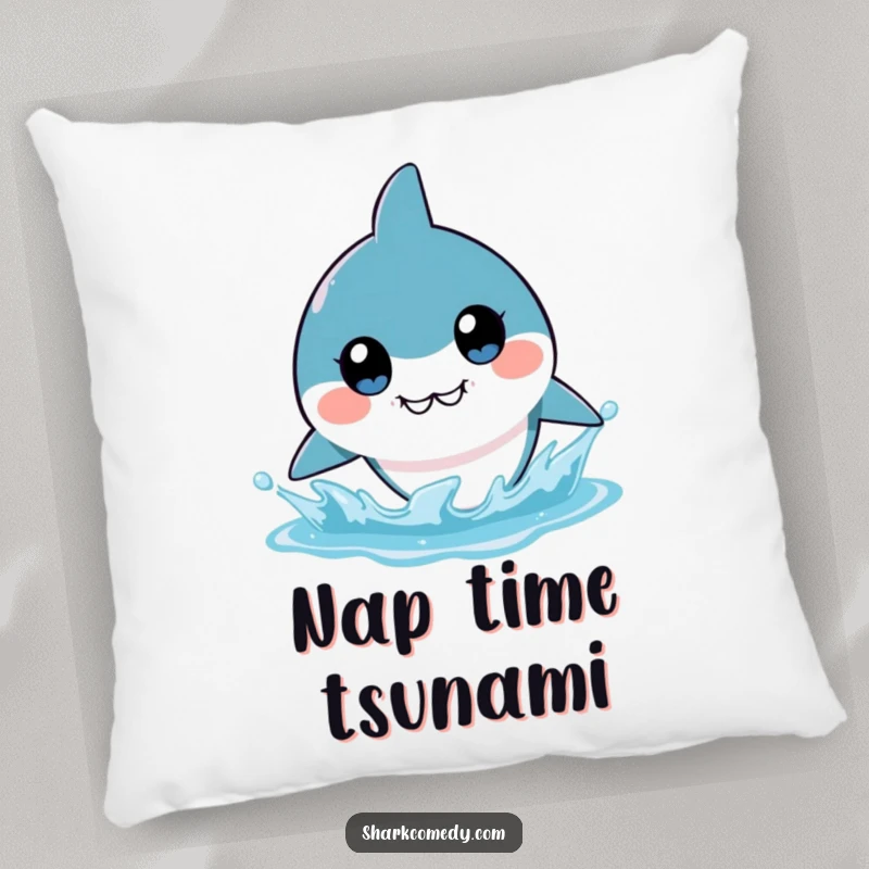 Soft, funny kawaii shark plush pillow with large, expressive eyes, ready for a water splash, offering comfort and humor as a gift.