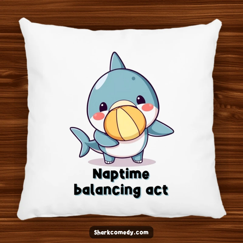 Funny kawaii shark pillow showing a cute shark with a beach ball balanced on its nose, exuding playful charm and coziness.
