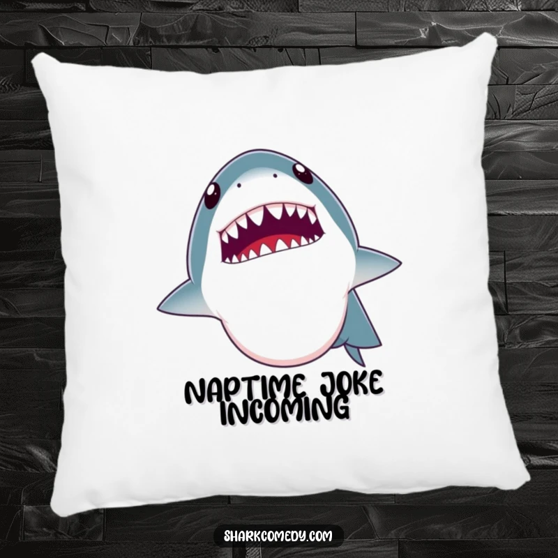 Funny pillow design of a shark opening its mouth wide as if telling a joke, showing off its tiny teeth. Soft, comfortable, and humorous.