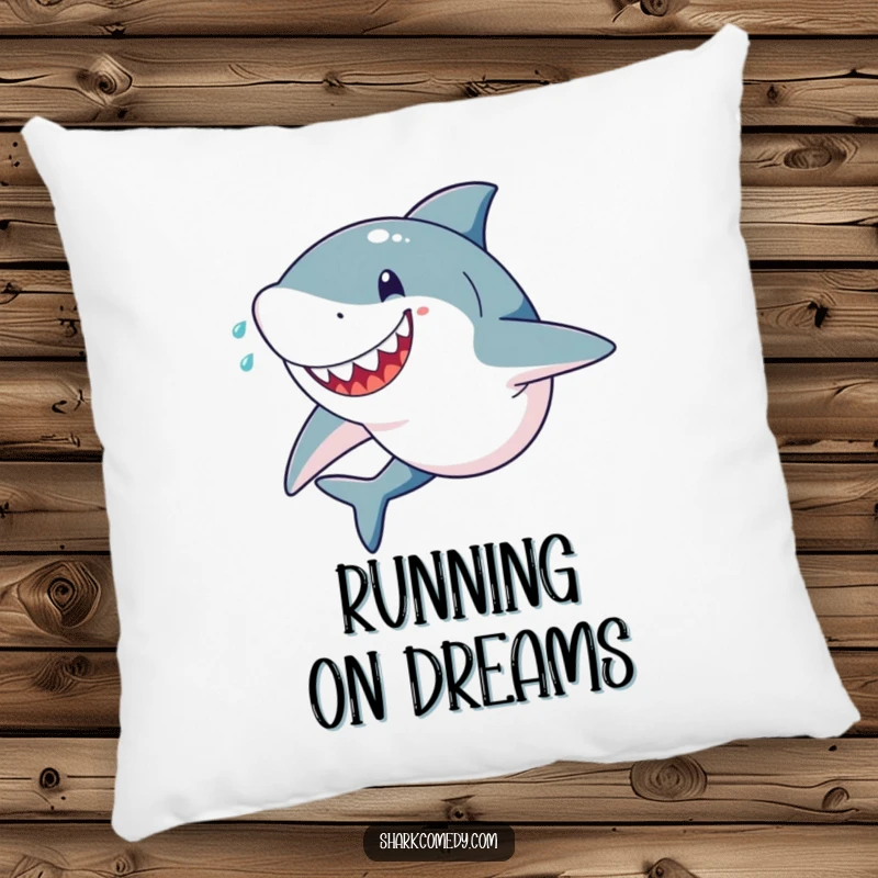 Funny pillow with a happy, determined shark sprinting at full speed, surrounded by flying sweat drops, embodying energy and focus.