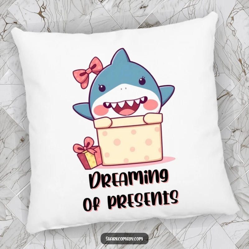 Plush, funny kawaii shark pillow featuring a shark peeking from a gift box with surprise, offering comfort and humor as a gift.