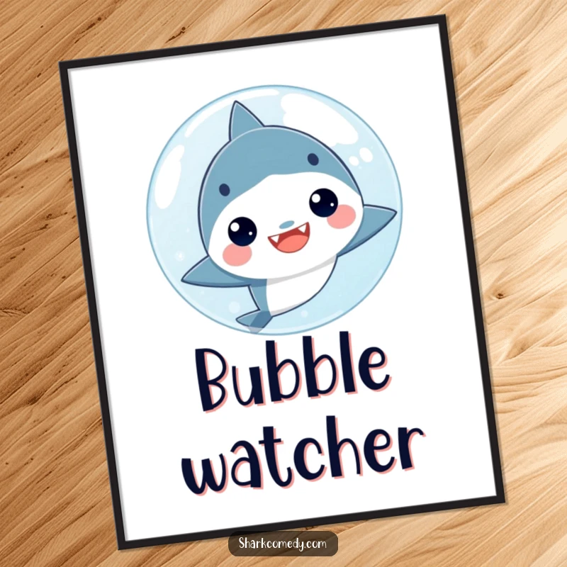 Funny kawaii shark peeking from behind a large bubble in a digital art format, perfect for instant printable decor.