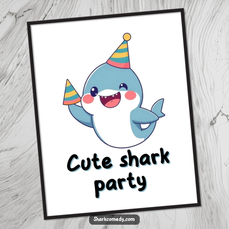 Funny Digital Art Print: A kawaii shark wearing a party hat looks excited, a humorous and festive artwork.