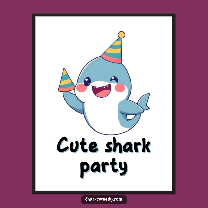 Funny Kawaii Shark Party Art Print: Excited Celebration Decor - Humorous Art