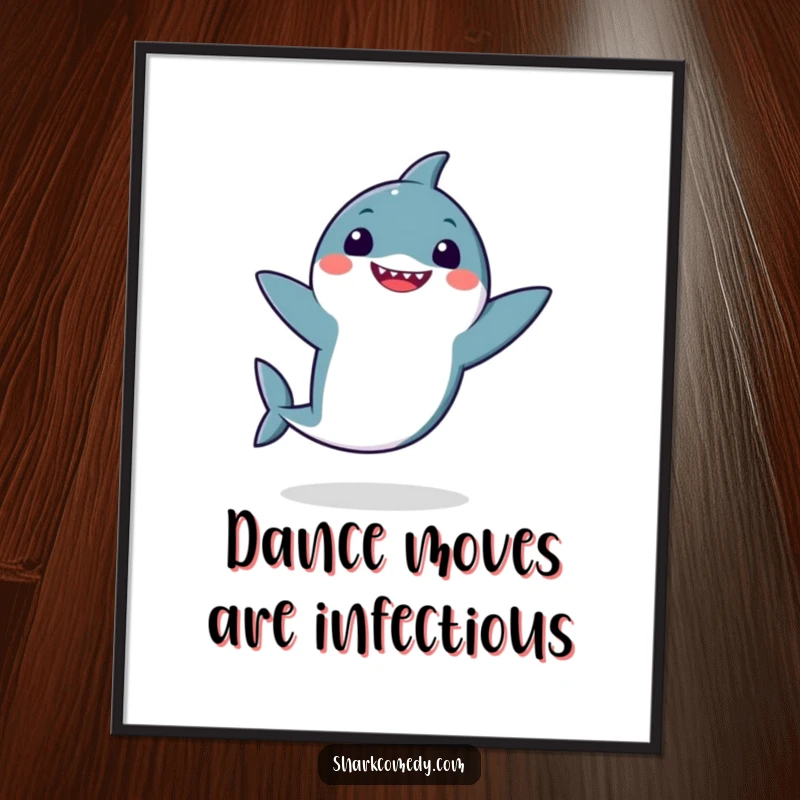 Funny kawaii shark in a joyful dance pose with flappy fins, a digital art print bursting with color and cartoonish silliness.