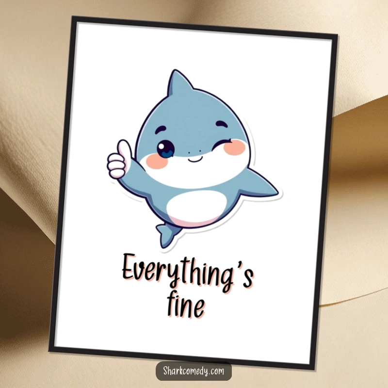 Funny shark character digital art print, giving a playful wink and a thumbs up, high-resolution, encouraging humorous artwork.