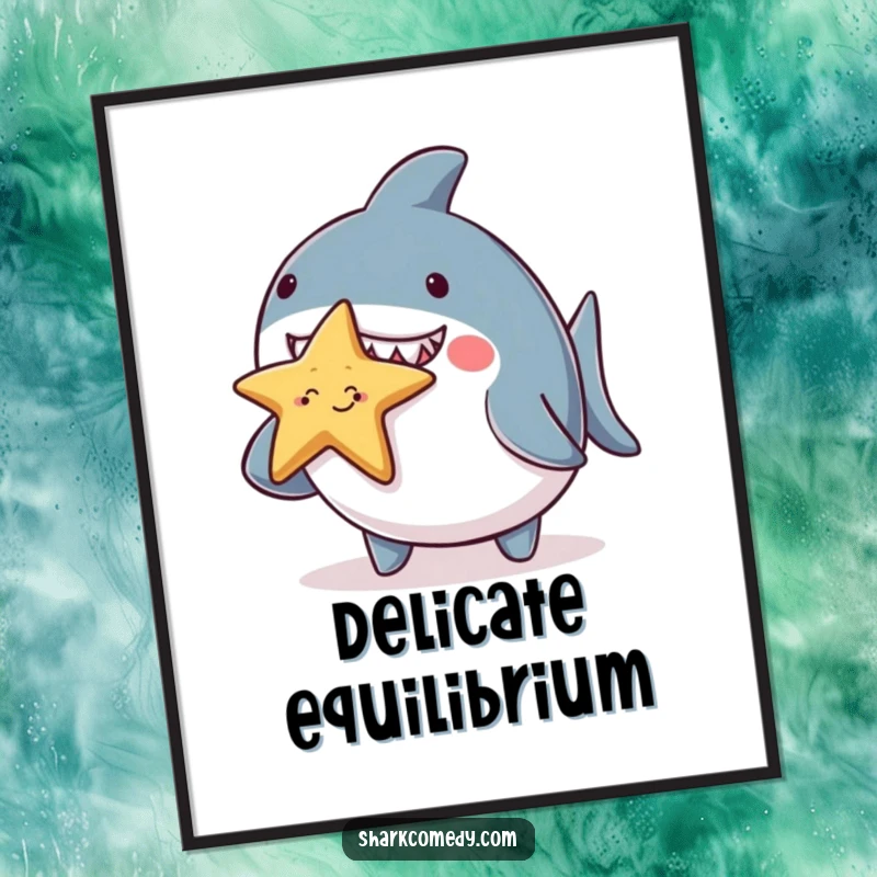 Funny chubby shark character digital art print, hilariously balancing a tiny smiling starfish on its nose, high-resolution, heartwarming humorous artwork.