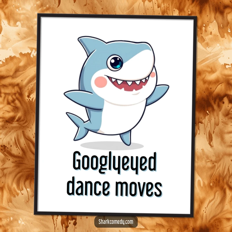 Funny digital art print of a whimsical shark with googly eyes in the middle of a hilarious, silly dance, ready to amuse.