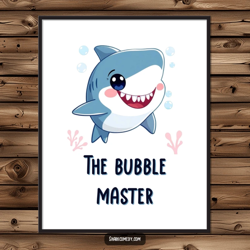 Funny smiling shark character, blowing bubbles underwater with wide, happy eyes, presented as a digital art print for instant underwater cheer.