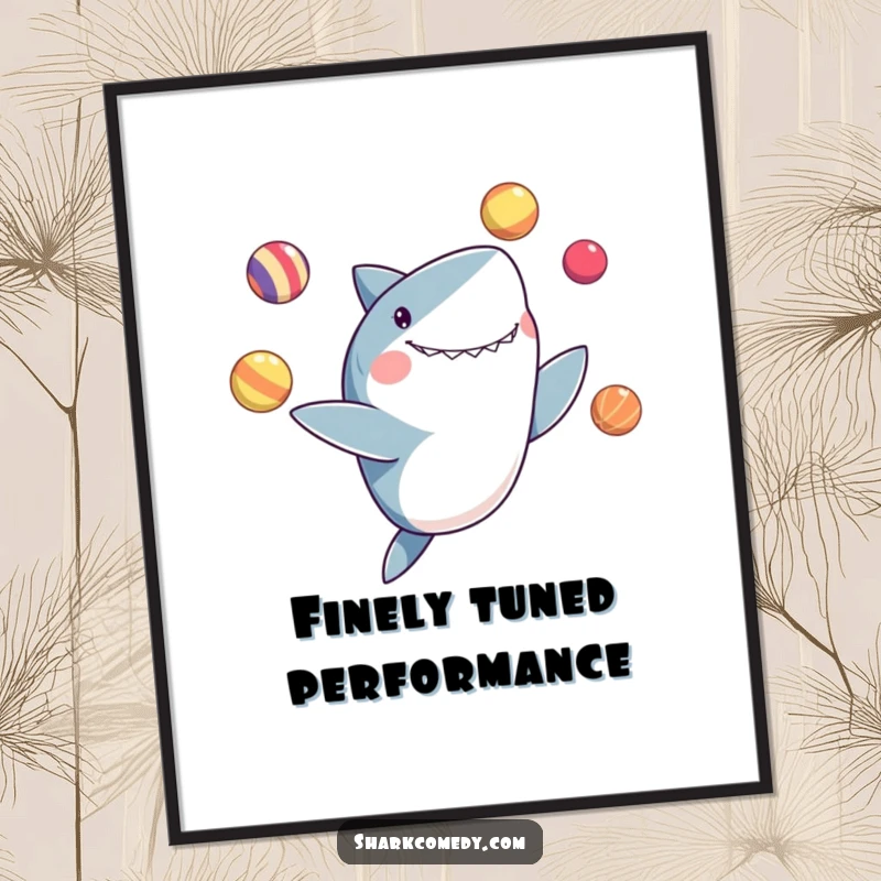 Funny digital art print of a shark gleefully juggling colorful balls with its fins, capturing pure performance joy.