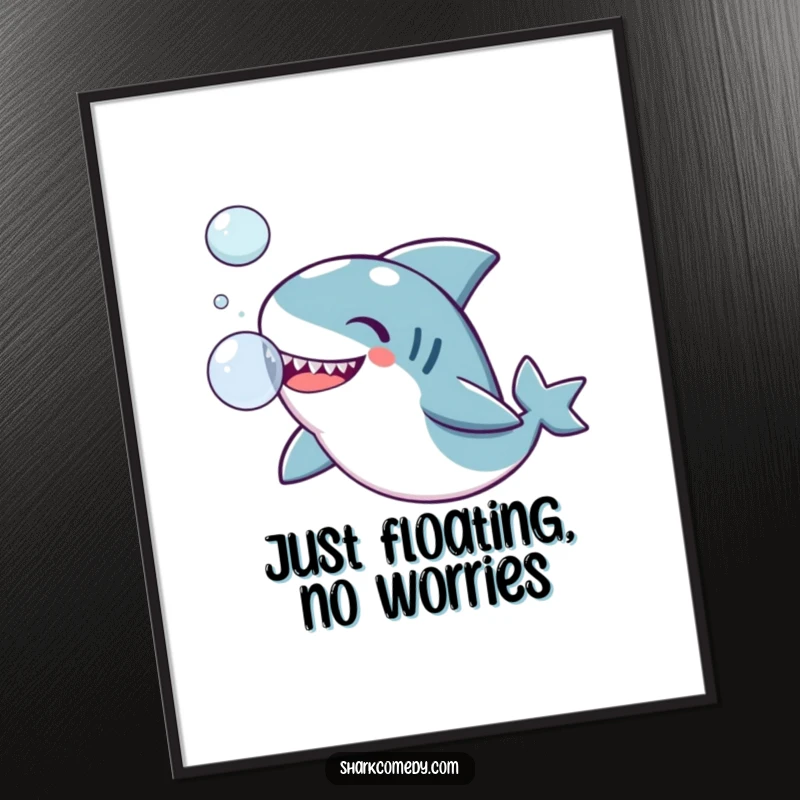 Funny Kawaii shark digital art print, a cute shark joyfully playing with a bubble, for instant whimsical, humorous wall decor.