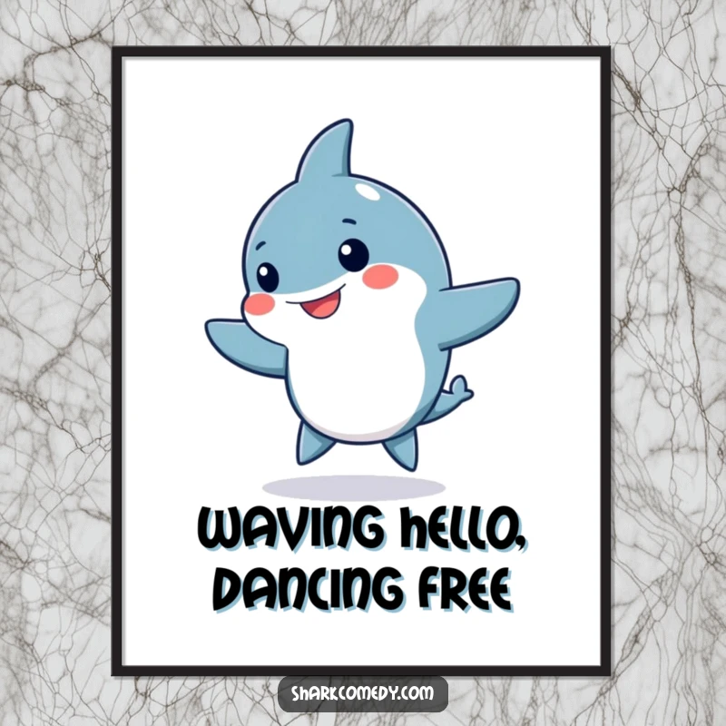 Funny Kawaii shark digital art print, a cute shark doing a silly dance with fins waving, for instant joyful, humorous wall decor.