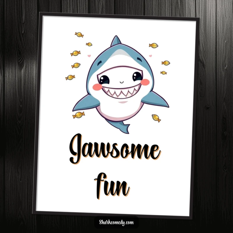 Funny digital art print of a kawaii shark with a wide grin, playfully juggling tiny fish, radiating adorable, humorous energy.