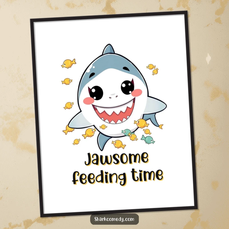Funny digital art print of a kawaii shark with a wide grin juggling tiny fish, perfect for instant download and adding whimsical decor.