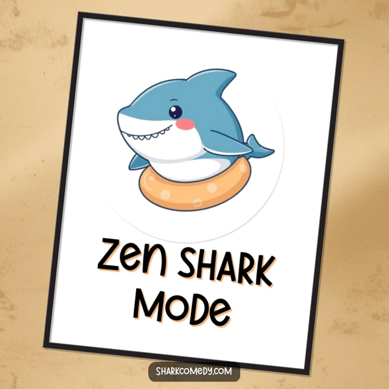 Funny kawaii shark digital art print of a cute shark floating on a rubber ring, radiating calm and happiness.