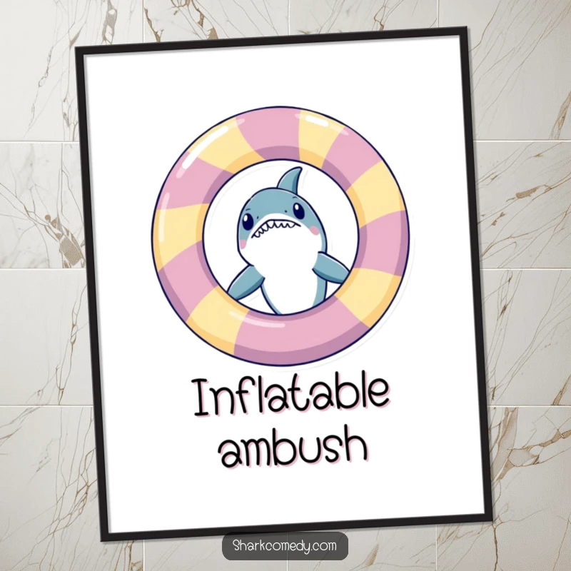 Funny shark peeking from behind a giant inflatable ring, available as an instant download digital art print for decor.