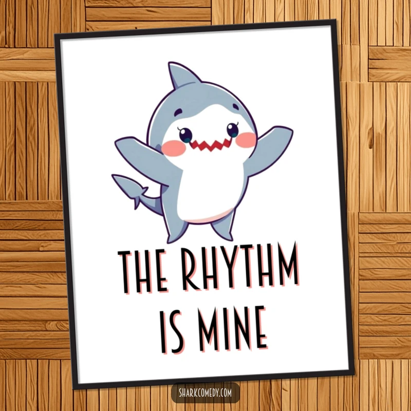 Funny digital art featuring a cheerful shark doing a silly dance with arms waving energetically, perfect for instant, joyful wall decor.