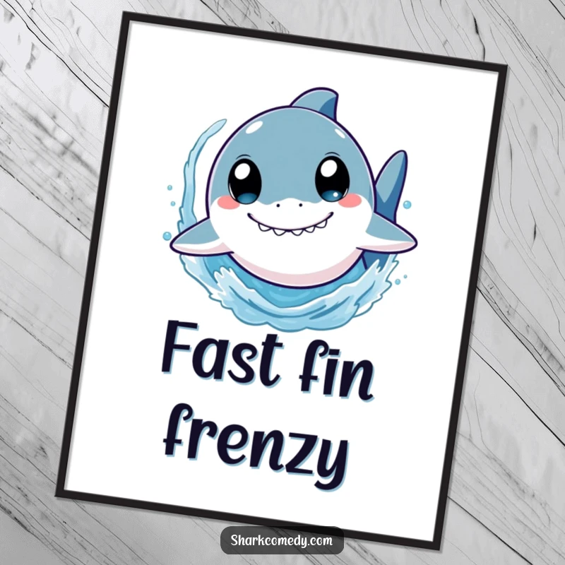 Funny shark digital art print of a cute character with wide eyes, swimming rapidly and splashing water, conveying energetic fun and playfulness.