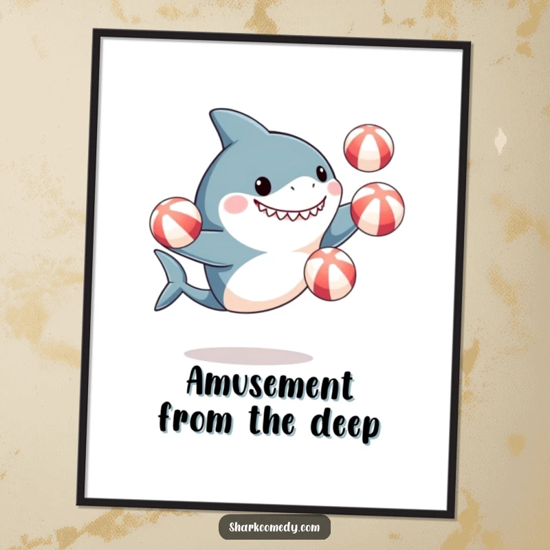 Funny digital art print of an excited, cute shark juggling beach balls, radiating vibrant energy and aquatic amusement.