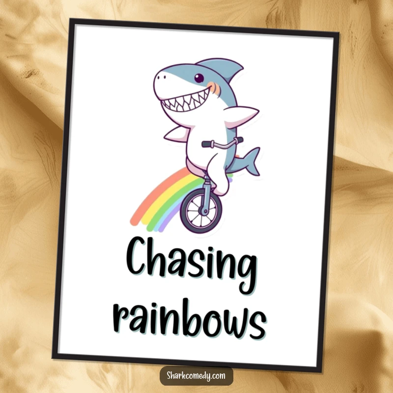Funny shark character digital art print, with a goofy grin, riding a unicycle on a rainbow, high-resolution, whimsical humorous artwork.