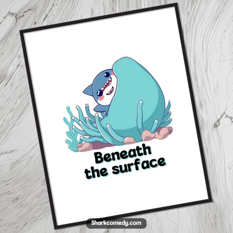 Funny shy shark character peeking out from behind a giant, smiling sea anemone, presented as a downloadable digital art print.