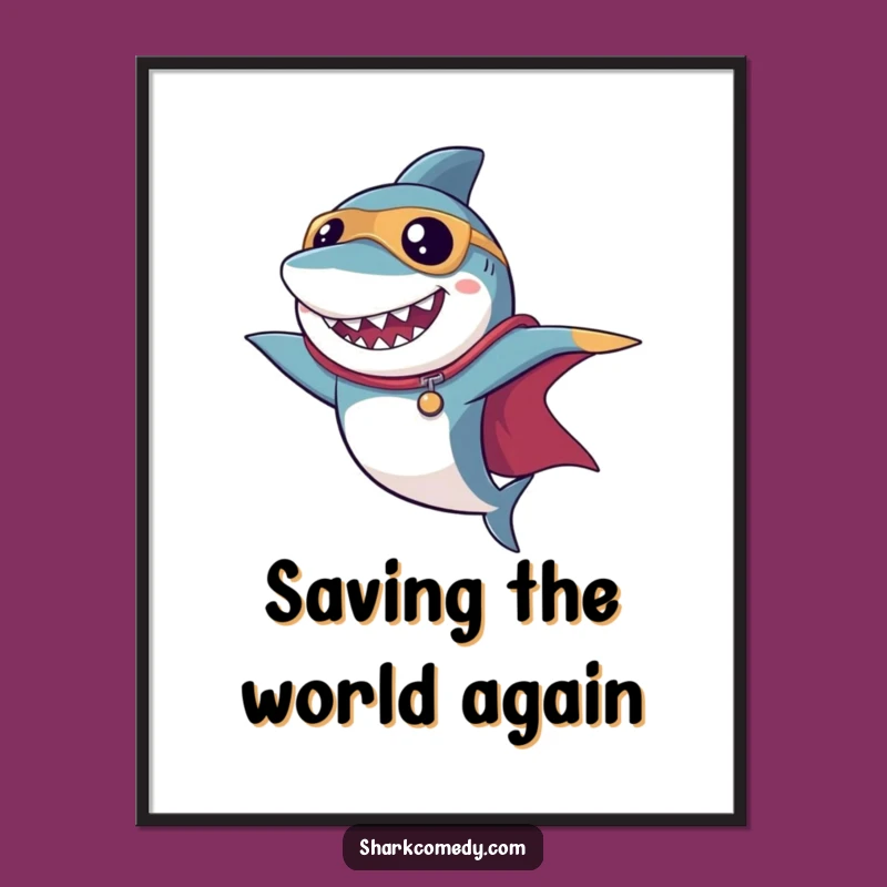 Funny Superhero Shark Digital Art: Dramatic Cape Pose for Walls