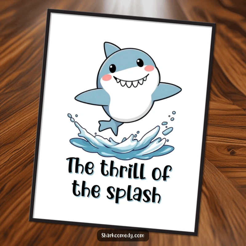 Funny digital art print of a small shark leaping energetically from water with a surprised grin, capturing aquatic fun.