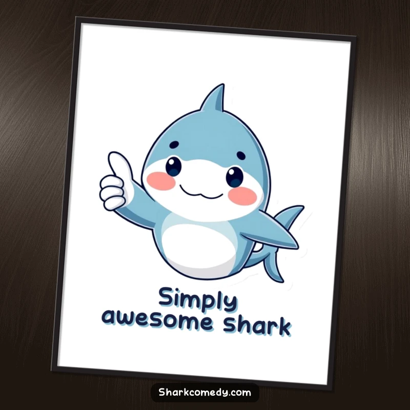 Funny Digital Art Print of a shark with rosy cheeks giving a thumbs up, ideal for positive decor.