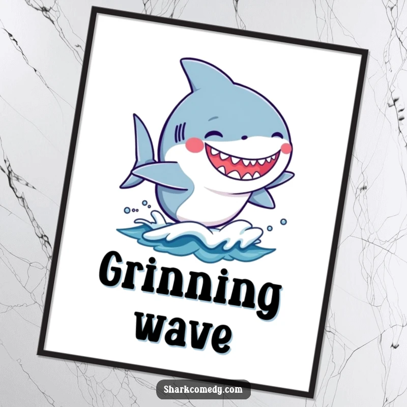 Funny kawaii shark with a silly grin riding a small wave in a digital art format, perfect for instant decor.