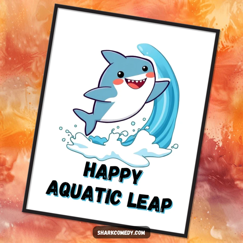 Funny digital art print of a cute, kawaii shark joyfully leaping from a blue wave, creating an energetic and cheerful visual.