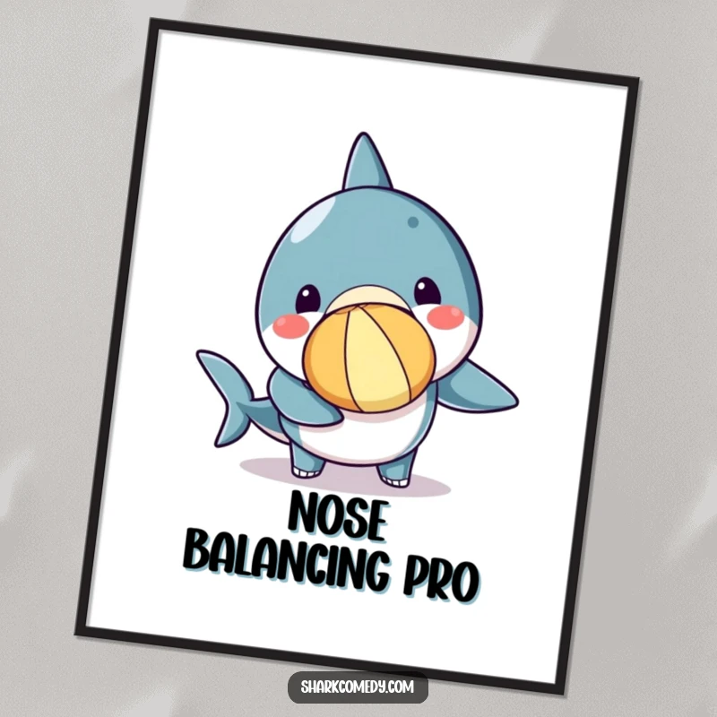 Funny kawaii shark digital art print of a cute shark balancing a beach ball on its nose, a moment of pure playful concentration.