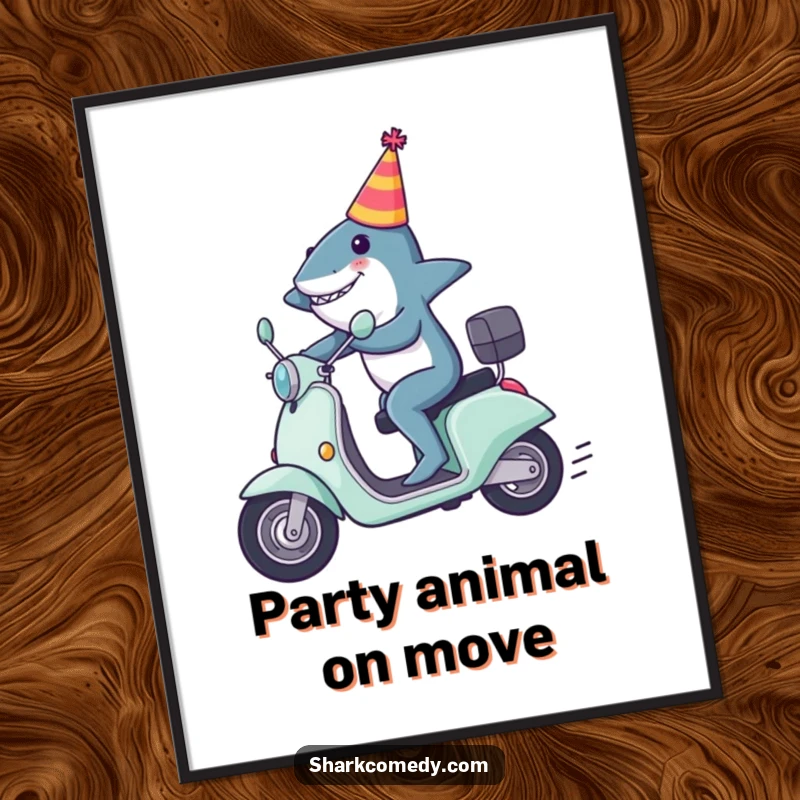 Funny shark digital art print of a shark in a party hat zooming on a scooter, symbolizing speed, celebration, and fun.