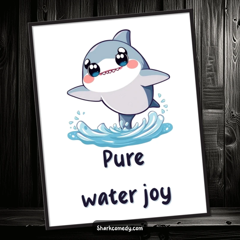 Kawaii digital art featuring a shark with wide eyes, joyfully leaping from water, perfect for instant, adorable wall decor.