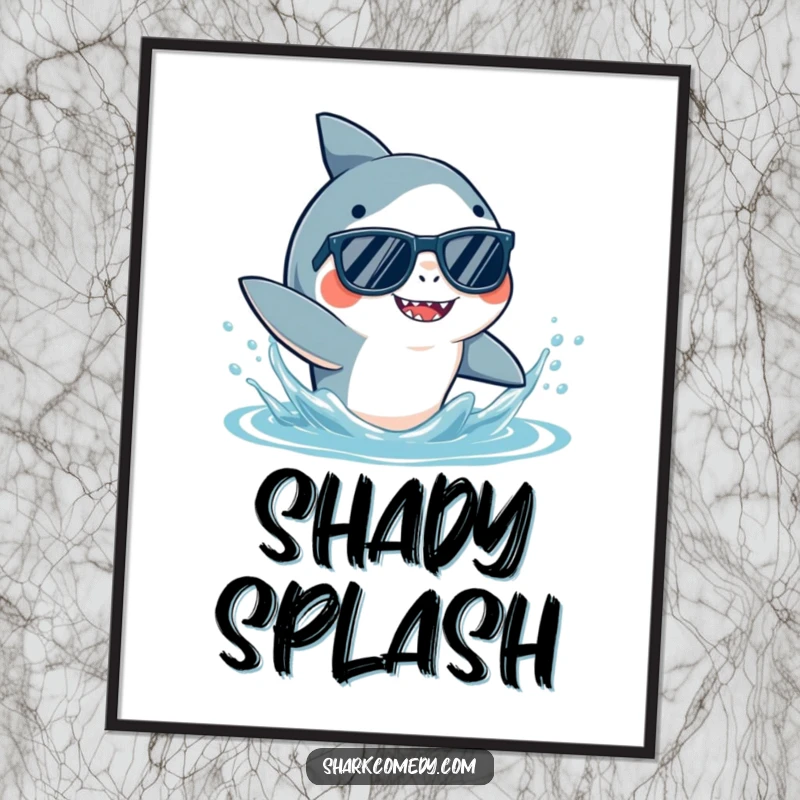 Funny Shark Sunglasses Digital Art showcasing a cool shark in shades, playfully splashing water, perfect for instant digital decoration.