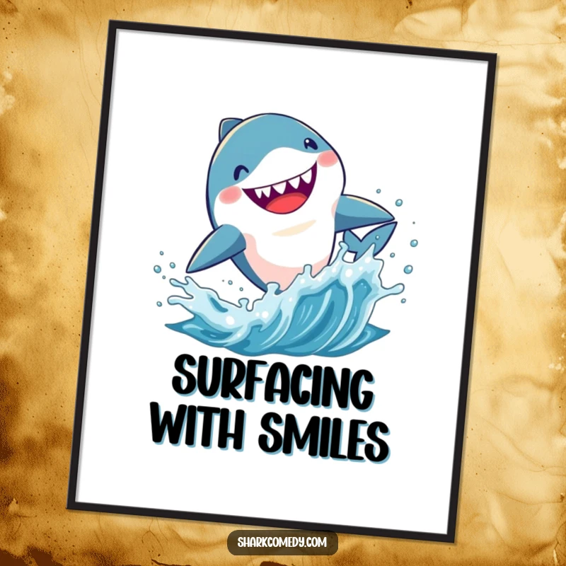 Funny Kawaii shark digital art print, a cute shark leaping enthusiastically from splashing water, for instant humorous wall decor.