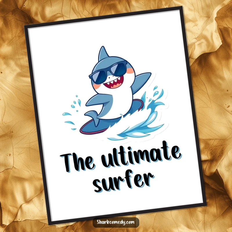 Funny tiny shark wearing sunglasses, joyfully surfing a blue wave, presented as a digital art print for instant cool vibes.