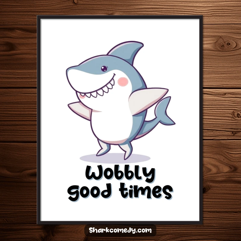 Funny digital art print of a shark performing a clumsy, wobbly dance with a wide goofy smile and unsteady fins, radiating pure fun.