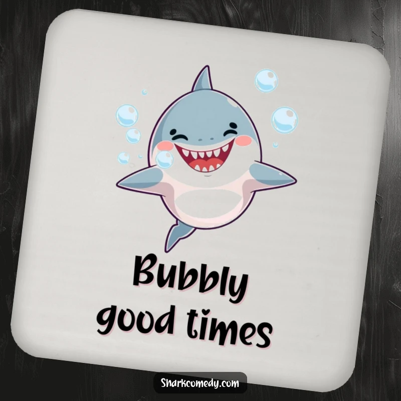 Funny Drink Coaster featuring a happy shark blowing bubbles, adding joy to any surface.