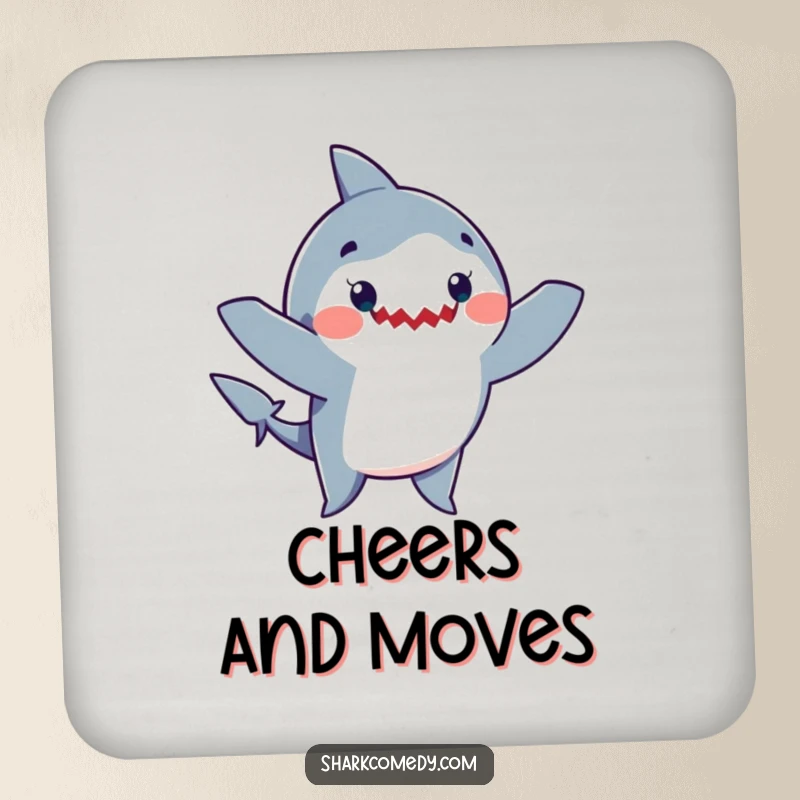 Funny drink coaster featuring a cartoon shark joyfully dancing with its arms waving, adding a humorous element to beverage placement.