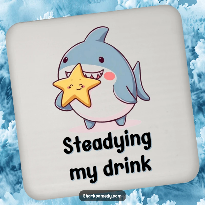 Funny chubby shark character coasters, balancing a tiny smiling starfish on its nose, a cute and humorous set for protecting surfaces.